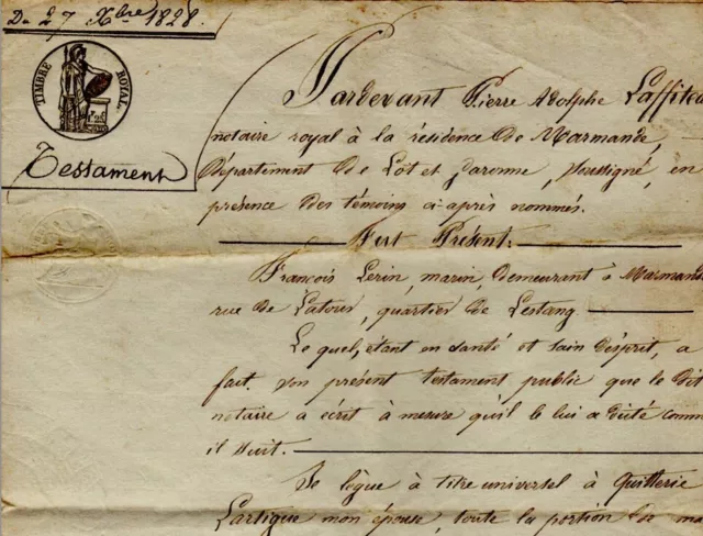 1828 Lot-et-Garonne  acte Testament LÉRIN LARTIGUE Marmande enregistré en 1842