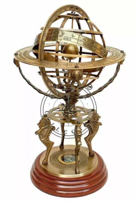 18 " Marin Laiton Sphère Gravé Armillaire Antique Vintage Globe Avec Compas