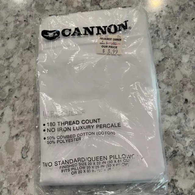 VTG Cannon Standard Queen Pillow Cases (2) White Irregular No Iron 180 Thread Ct