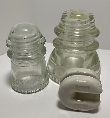 Vintage Hemingray Electric Insulators Clear Glass Knobby Bottom & Porcelain #4