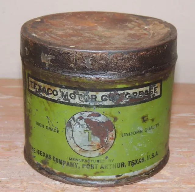 VINTAGE 1920's TEXACO MOTOR CUP GREASE TIN METAL CAN GREEN W/LID GREAT PATINA!