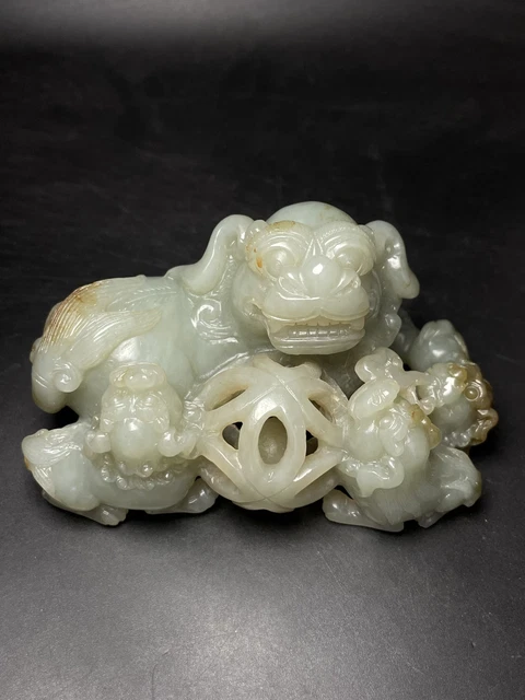 Chinese Exquisite Handmade Lion carving Hetian Jade Statue