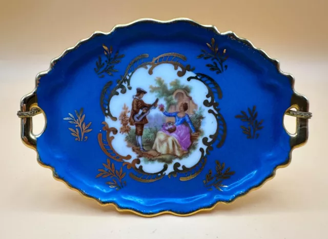 Limoges France Courting Couple Turquoise Blue Gold Porcelain Small Trinket Tray