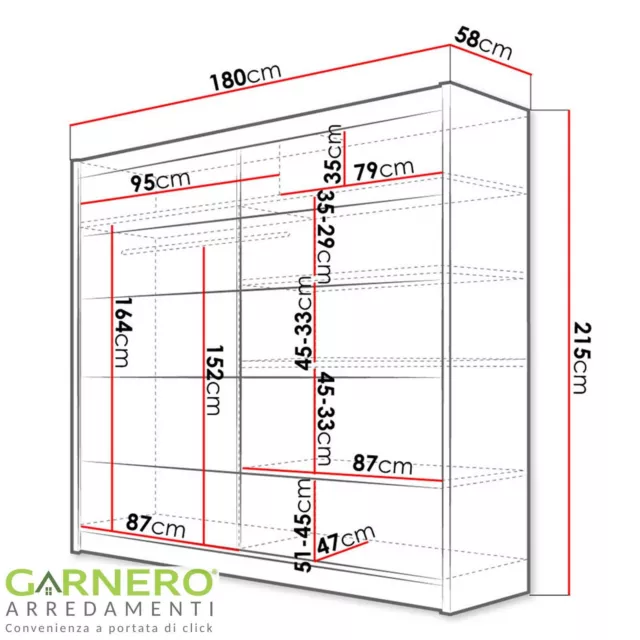 Armadio moderno maniglie 2 ante scorrevoli 6 ripiani 180x215cm bianco opaco KARL 3