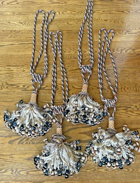 Set of 4 Large 37”L Curtain Drapery Tie Backs 11” Tassel Gold Black Copper Twist