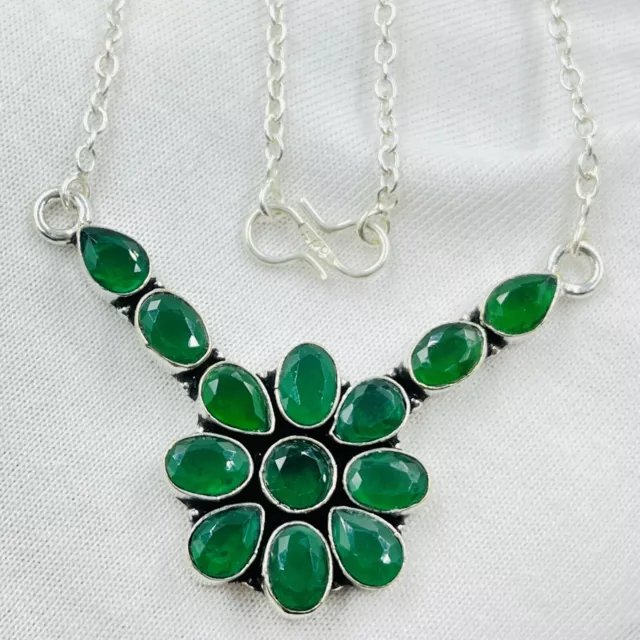 925 Sterling Silver Rose Cut Green Emerald Gemstone Handmade Jewelry Necklace