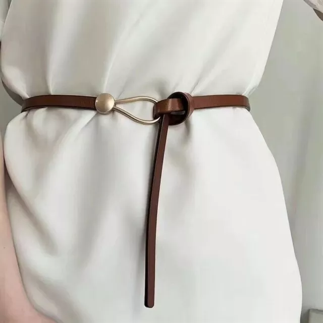 Vintage Leather Women Ladies Gold Pin Strap Free-Knotted Tie Thin Belt