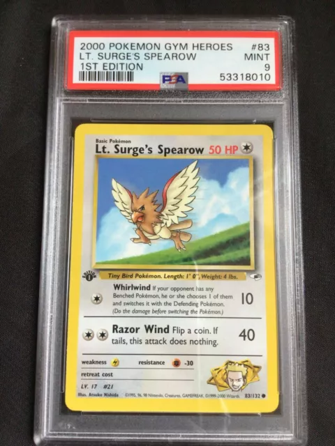 Pokemon Cards: Gym Heroes 1st Edition Common : Lt. Surge's Spearow 83/132 PSA 9