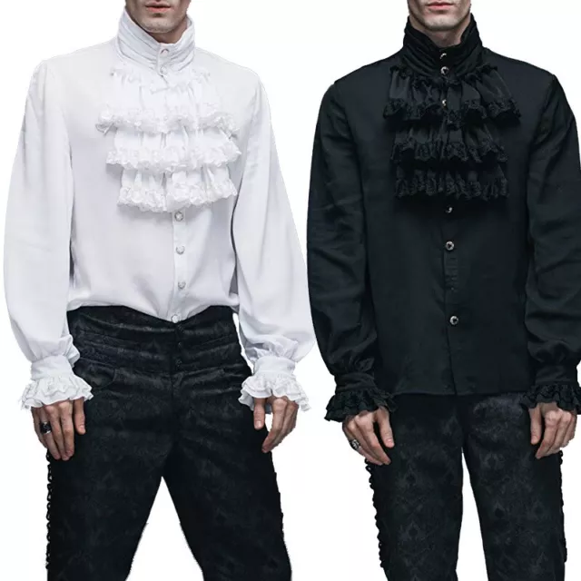 Hot Men Gothic Stand-Up Collar Victorian Medieval Ruffle Shirt Pleated Cuff Top