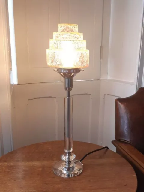 Chrome and Glass Art Deco Style Table Lamp with Tiered Pink Crackle Glass Shade