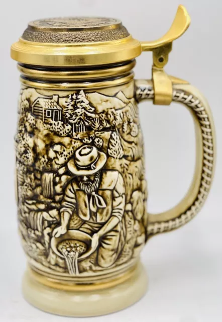 the gold rush Beer Stein handcrafted Avon with brass copper accents 1987 #08925