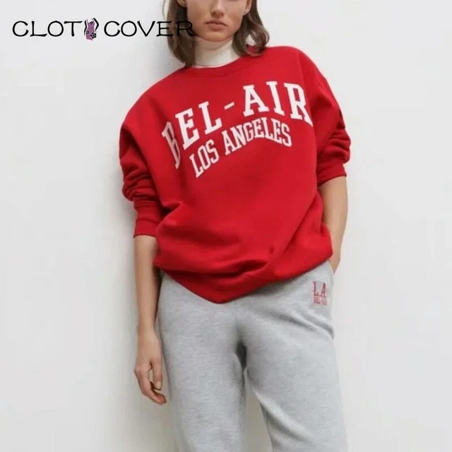 Women Red Hoodie English Alphabet Printed Loose Sweatshirt Campus Tops Full