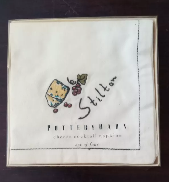 Pottery Barn Cheese Embroidered Cocktail Napkins, Set of 4 in Gift Box