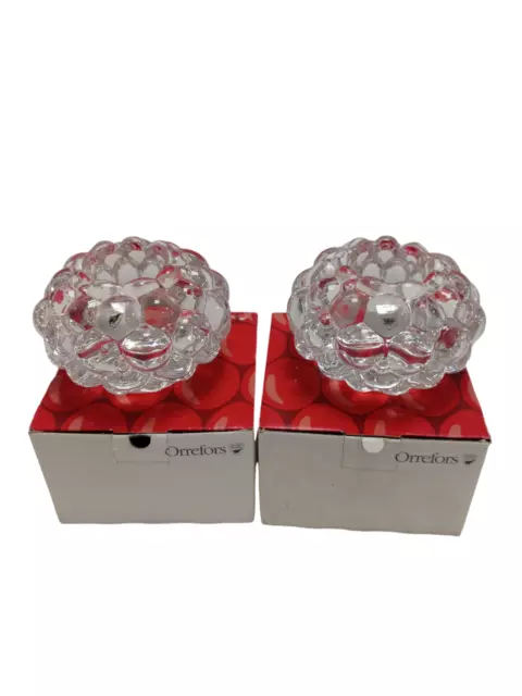 Orrefors Crystal Votive Candle Raspberry Bubble Art Glass Anne Nilsson x2 Boxed