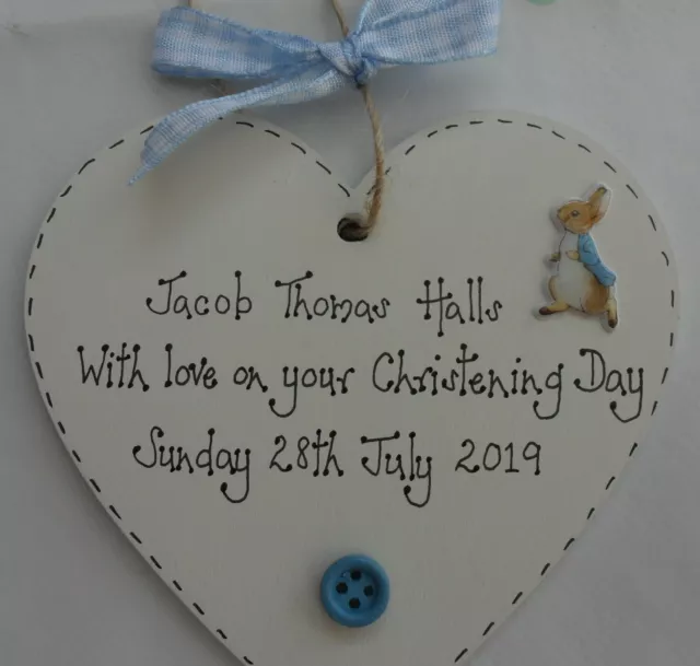 Christening Baptism Gift   Peter Rabbit Personalised heart plaque  blue or pink