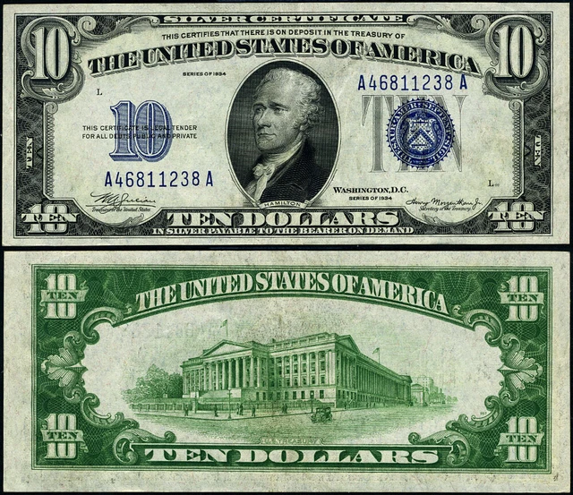 FR. 1701 $10 1934 Silver Certificate Non-Mule A-A Block AU