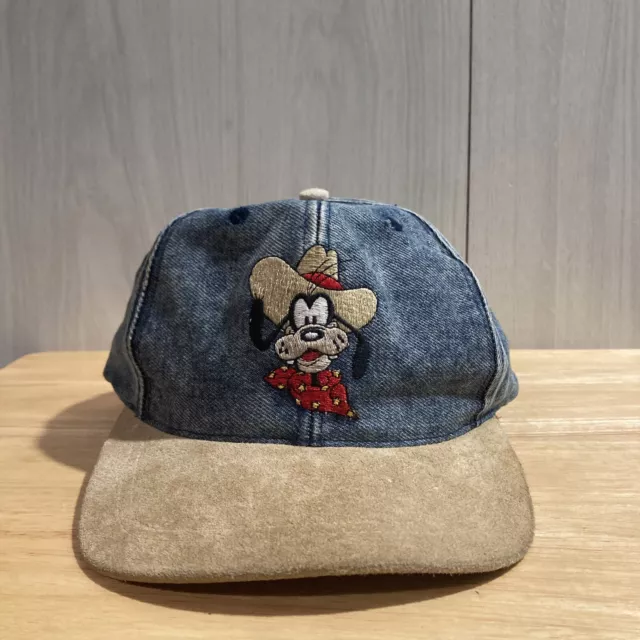Vintage 90s Goofy Cowboy Denim Suede Embroidered Snapback Hat
