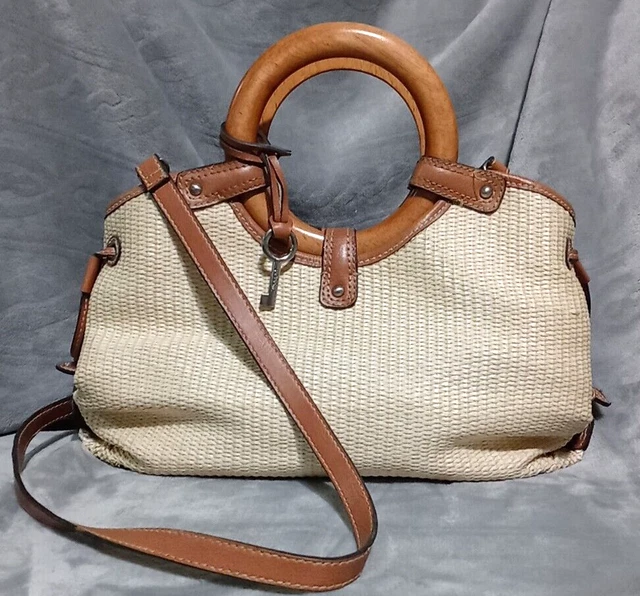 Vintage Fossil Tan Raffia Rattan Woven Straw Shoulder Boho Purse Bag Key Charm