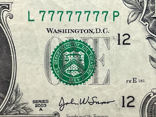 Fancy Serial Number Series 2003A One Dollar Bill Solid 7s PMG 30 Very Fine Unc.