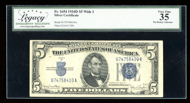 DBR 1934-D $5 Silver Fr. 1654Wi Wide I UA Block Legacy 35 Serial U74758410A