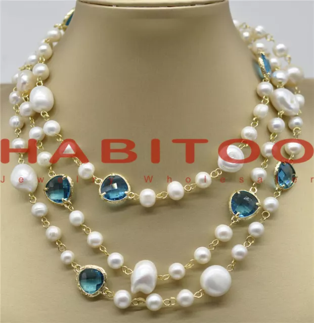 50" natural 12-15MM White Baroque Keshi Pearl Blue Crystal Necklace