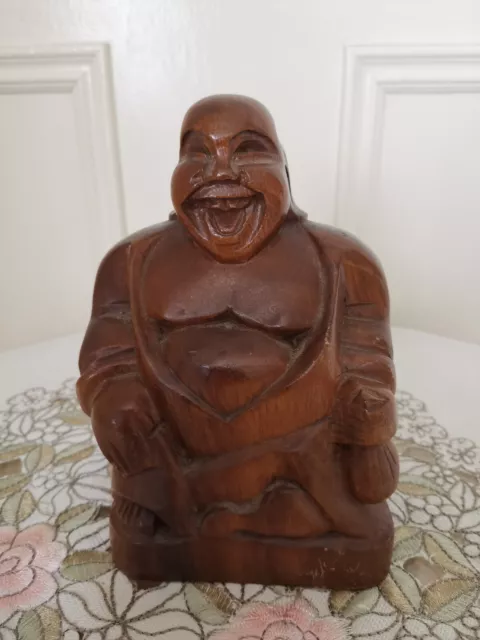 Hand Carved Wooden Laughing Buddha Statue Happy Fat Chinese