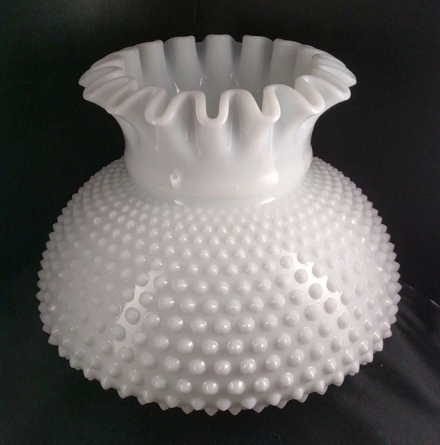 Vintage Fenton Heavy White Hobnail Milk Glass Hurricane GWTW Crimped Lamp Shade
