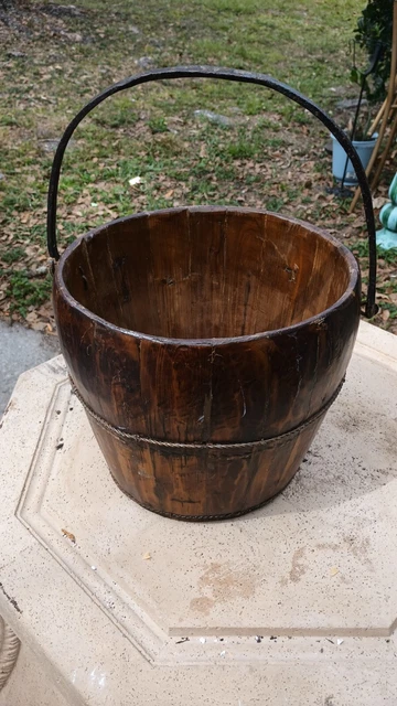 Antique Primitive Water BUCKET Wooden hand Forged iron handle extremely nice