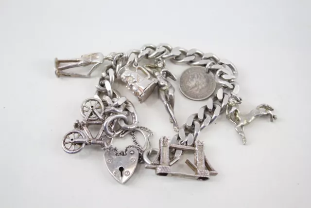 Sterling Silver Charm Bracelet Heart Padlock Bike Articulated x 1 (51g)