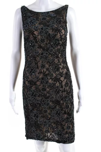 Naeem Khan Womens Side Zip Scoop Neck Seuqin Beaded Lace Dress Black Beige 8