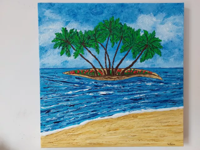 QUADRO MODERNO DIPINTO A MANO PAESAGGIO MARE PALME OASI 50x50x4cm RIF326