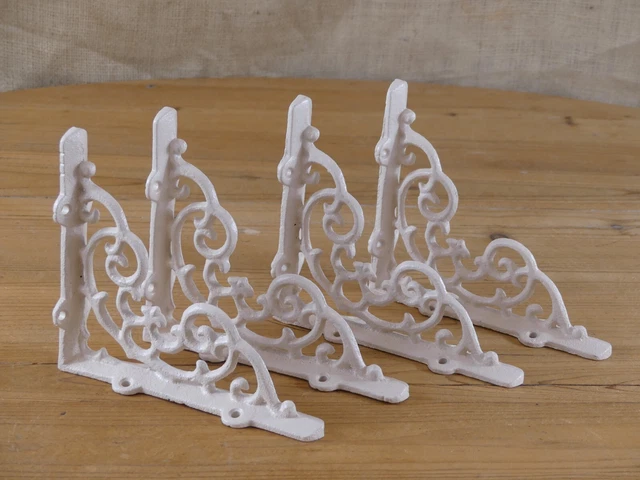 4 Cast Iron Shelf Brackets New Antique Style White 6.5" x 5.5" Corbels Book Wall