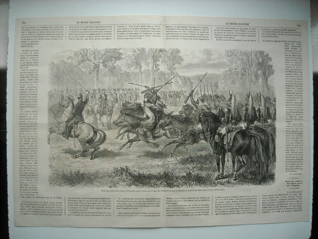 Gravure 1863. Revue Spahis Et Turcos, Passee Par L’empereur Au Bois De Boulogne.