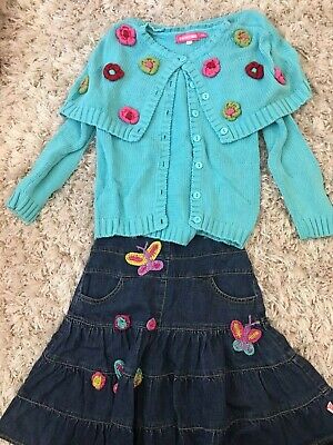 Girls Mim Pi Size 8 / 128 Outfit Denim Skirt and Blue Sweater With Flowers EEUC