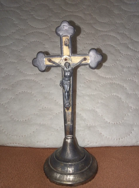 Antique Brass Altar Cross, Religion, Crucifix, Church 6.8" Free Standing