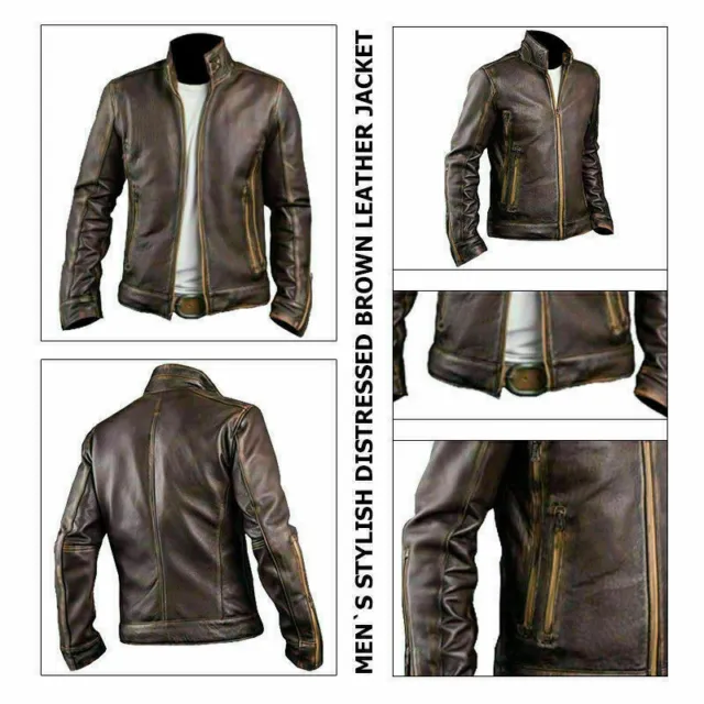 Stylish Distressed Vintage Men's Cafe Racer Biker Brown Real Leather Wear Jacket