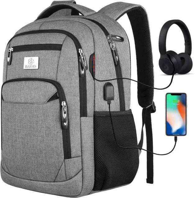 Men Women Laptop Backpack Waterproof Travel School Business Rucksack Bag Grey