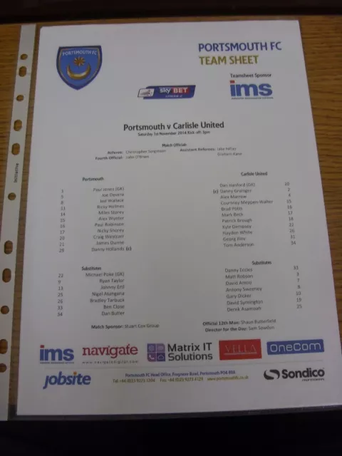 01/11/2014 Colour Teamsheet: Portsmouth v Carlisle United  . Thanks for viewing