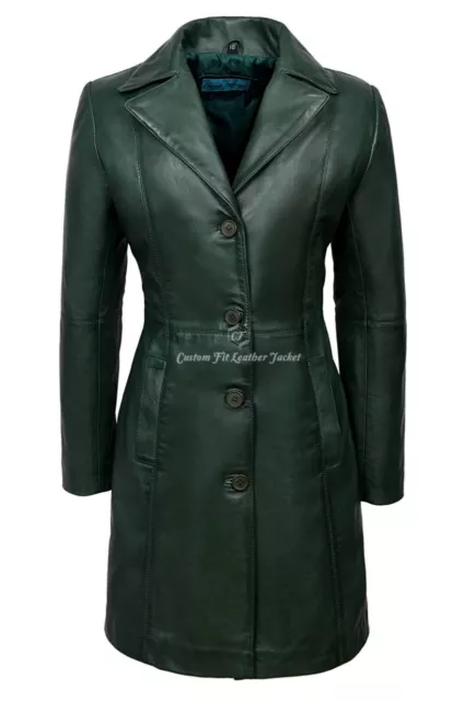 Ladies Real Leather Jacket Green Classic Knee-Length Lambskin Designer Coat 3457