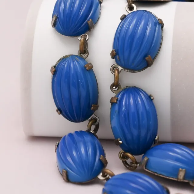 Vtg 1930S Art Deco Signed Czech MELON MUGHAL Blue Glass Necklace