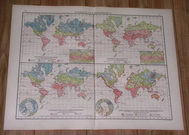 1922 Vintage Chart Climatic Map The World Weather Isotherms America Asia Europe