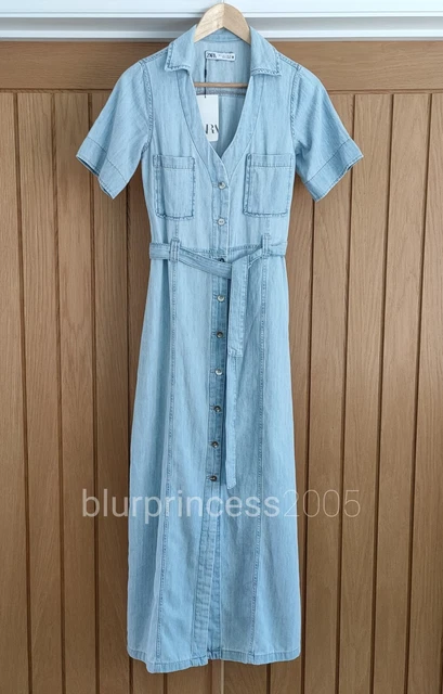 ZARA DENIM SHIRT Dress Midi Maxi Button Down Pockets Belt S M Summer Light  Blue 49.00 - PicClick UK