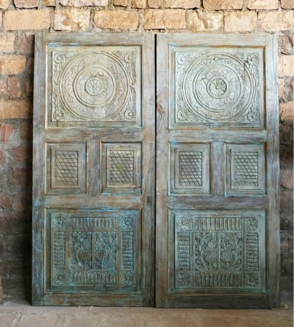 Vintage Carved Barn Door, Reclaimed Wood India Artistic Blue Sliding Door, 80x36 6