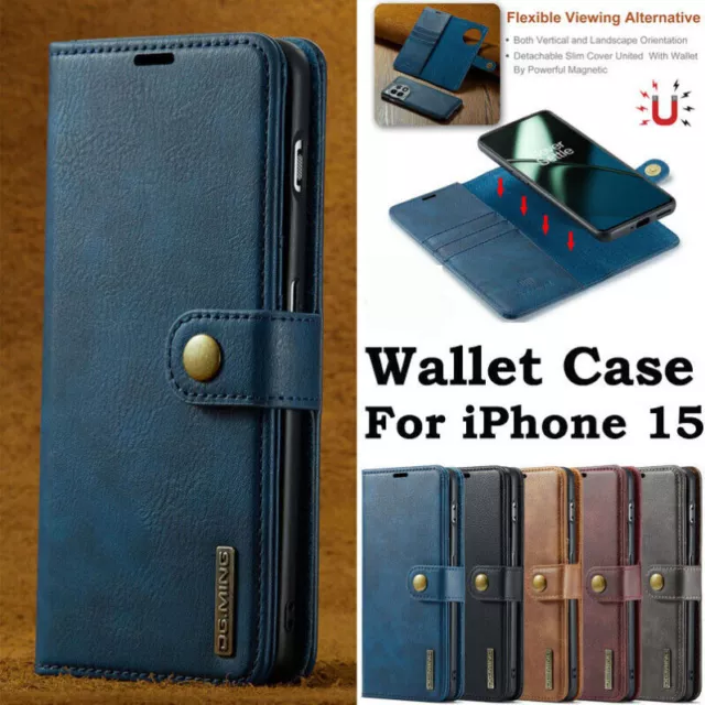 For iPhone 15 14 Pro Max Plus Case Wallet Removable Magnetic Flip Leather Cover