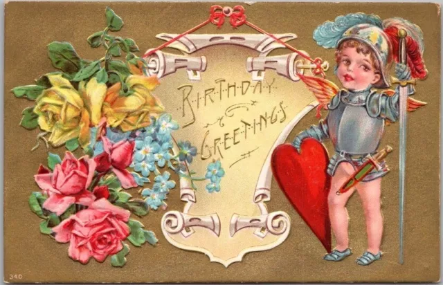 Vintage 1910 BIRTHDAY GREETINGS Embossed Postcard Cherub Angel in Knight's Armor