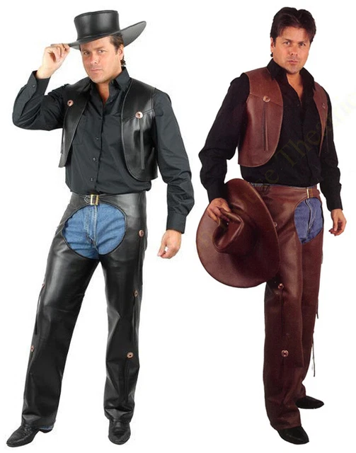 ADULT MENS COWBOY Western Costume Wild West Faux Leather Chaps & Vest