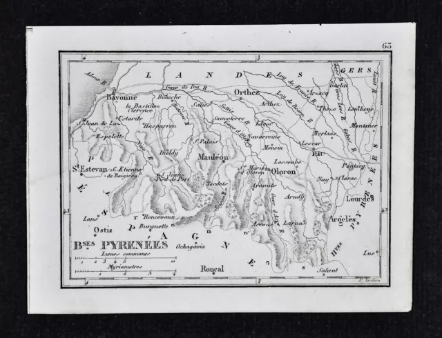 1833 Perrot Map - Basses Pyrenees - Orthez Bayonne Oloron Mauleon Lourdes France
