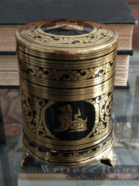 Antique Burmese Black & Gold Lacquer Betel Nut Cigarette Box Vtg Myanmar Shwezar 19