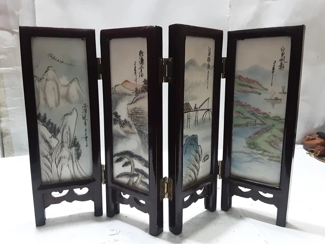 Vintage Asian Chinese Miniature Divider,Painted Stone Inserts