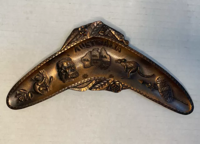 8" Australia Boomerang Shaped Copper Souvenir  Ashtray Kangaroo Koala FREE SHIP